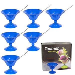 Conjunto Jogo 12 Peças Taças Colher Sobremesa Sorvete Creme Cozinha Azul Taumer - Azul