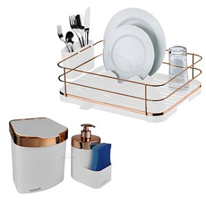 Kit Escorredor De Louça Talheres Lixeira 2,5L Dispenser Porta Detergente Cozinha Branco Rose Gold - Future