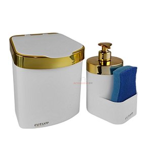 Kit Lixeira 2,5L Dispenser Porta Detergente Líquido Esponja Para Pia Cozinha Branco Dourado - Future - Branco