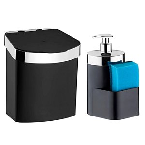 Kit Lixeira 2,5L Dispenser Porta Detergente Líquido Esponja Para Pia Cozinha Preto Cromado - Future - Preto