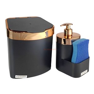 Kit Lixeira 2,5L Dispenser Porta Detergente Líquido Esponja Para Pia Cozinha Preto Rose Gold - Future - Preto