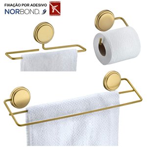 Kit Toalheiro Duplo Porta Toalha Rosto Suporte Papel Higiênico Adesivo Dupla Face Banheiro Dourado - Future