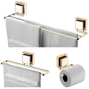 Kit Banheiro 3 Peças Porta Toalha Toalheiro Duplo Suporte Papel Higiênico Ventosa Dourado - Future