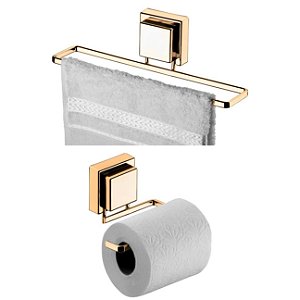 Kit Banheiro 2 Peças Porta Toalha Toalheiro 25cm Suporte Papel Higiênico Ventosa Dourado - Future