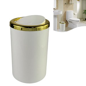 Lixeira Basculante 8 Litros Redonda Cozinha Banheiro Branco Dourado - AMZ