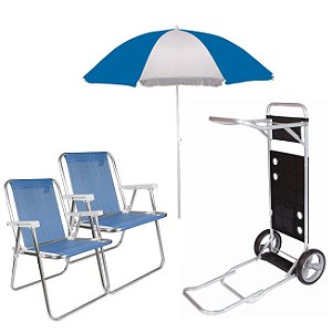 Kit Guarda Sol 1,8m Carrinho De Praia Com Avanço 2 Cadeira Alta Piscina Camping - Mor - Azul
