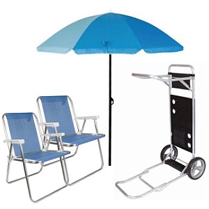 Kit Guarda Sol 1,8m Carrinho De Praia Com Avanço 2 Cadeira Alta Piscina Camping - Mor - Azul
