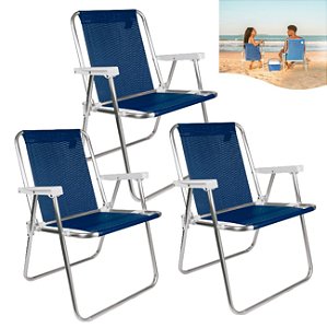 Kit 3 Cadeira Alta Sannet Em Alumínio Para Praia Camping Piscina Azul Marinho - Mor