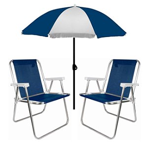 Kit Guarda Sol Fashion 1,8m 2 Cadeira Alta Sannet Para Praia Piscina Camping Azul Marinho - Mor