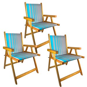 Kit 3 Cadeira De Madeira Dobrável Para Lazer Jardim Praia Piscina Camping Azul Com Cinza - AMZ