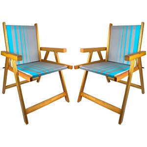 Kit 2 Cadeira De Madeira Dobrável Para Lazer Jardim Praia Piscina Camping Azul Com Cinza - AMZ