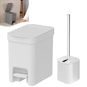 Kit Lixeira 6 Litros Com Pedal e Porta Escova Sanitária Bege Banheiro Trium Branco - KTE 131 Ou