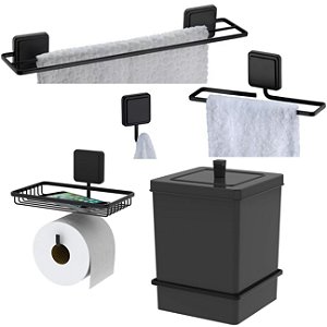 Kit Lixeira 6,5L Quadrada Com Suporte Toalheiro Duplo Porta Papel Higiênico Gancho Adesivo Preto Fosco - Future