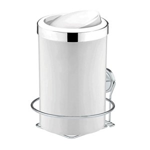 Kit Lixeira 8 Litros Basculante Com Suporte Adesivo Para Banheiro Cozinha Branco Cromado - Future