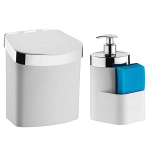 Kit Lixeira 2,5L Dispenser Porta Detergente Líquido Esponja Para Pia Cozinha Branco Cromado - Future