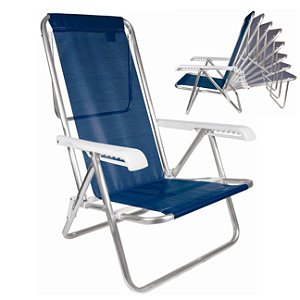 Cadeira De Praia Reclinável 8 Posições Em Alumínio Para Camping Piscina Jardim Azul Marinho - 2295 Mor