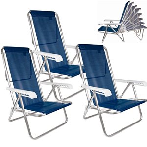 Kit 3 Cadeira De Praia Reclinável 8 Posições Em Alumínio Para Camping Piscina Jardim Azul Marinho - Mor