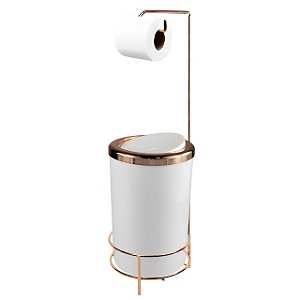 Kit Suporte Porta Papel Higiênico Com Lixeira 8L Tampa Basculante De Cozinha Banheiro Rose Gold - AMZ