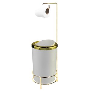 Kit Suporte Porta Papel Higiênico Com Lixeira 8L Tampa Basculante De Cozinha Banheiro Dourado - AMZ