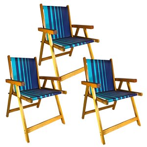 Kit 3 Cadeira De Madeira Dobrável Para Lazer Jardim Praia Piscina Camping Azul/Marinho - AMZ