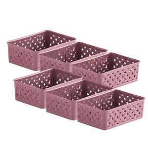 Kit 6 Cesto Organizador Gaveta Rattan 19x13x6,5cm Multiuso Meia Joia Rosa - Paramount