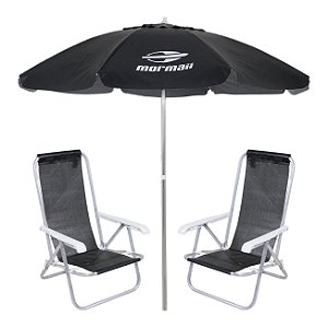 Kit 2 Cadeiras Reclinável Alumínio + Guarda Sol Bagum 2,4m Preto Mormaii - Belfix
