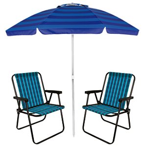 Kit 2 Cadeiras Xadrez Aço Marine + Guarda Sol Alumínio Articulado 2 Metros Azul Mor