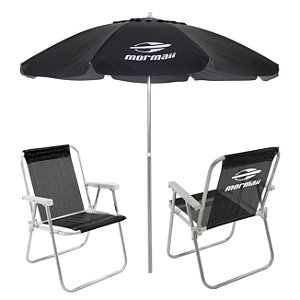 Kit 2 Cadeiras Alta Alumínio + Guarda Sol Bagum 2,4m Preto Mormaii - Belfix