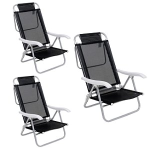 Kit 3 Cadeira Reclinável Sunny 6 Posições Em Alumíno Para Praia Piscina Camping Preta - 063007 Belfix