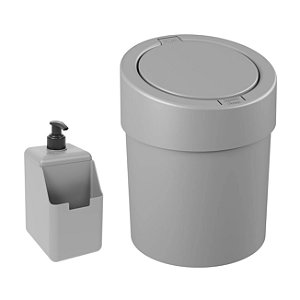 Kit Cozinha Dispenser Porta Detergente Lixeira Tampa Click 5,4L Cinza - Coza