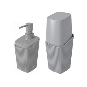 Kit Banheiro Porta Cotonete Dispenser Sabonete Líquido New Square Cinza - Coza