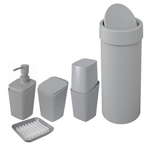 Kit Banheiro Porta Escova Cotonete Dispenser Saboneteira Lixeira Basculante 9L New Square Cinza - Coza