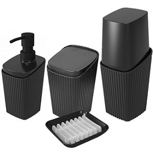 Kit Banheiro Porta Escova Cotonete Dispenser Saboneteira New Square Preto - Coza