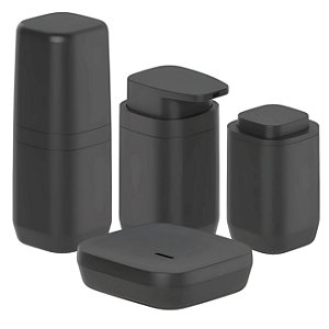 Kit Banheiro 4pç Saboneteira + Porta Escova + Dispenser + Suporte Cotonete Algodão Preto - Aura Ou