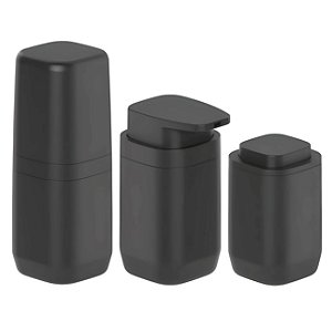 Kit Banheiro 3pç Porta Escova Cotonete Algodão + Dispenser Sabonete 380ml Preto - Aura Ou