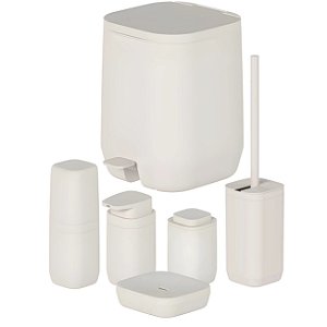 Kit Banheiro 6pç Lixeira 6L + Porta Sabonete Escova Cotonete Dispenser Bege - Aura Ou