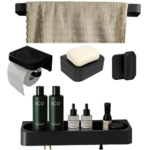 Kit Banheiro 5pç Saboneteira + Papeleira + Porta Shampoo + Toalheiro Gancho Com Adesivo Preto - Eleve Ou