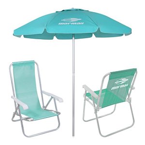 Kit 2 Cadeiras Alta e Reclinável Alumínio + Guarda Sol Bagum 2m Verde Mormaii - Belfix