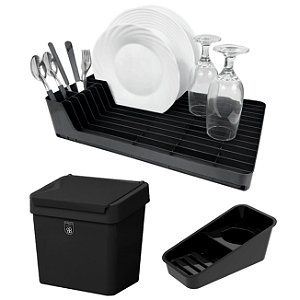 Kit Organizador de Pia + Escorredor de Louça + Lixeira 2,5 Litros Com Tampa Cozinha Preto - Pop Crippa