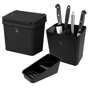 Kit Organizador de Pia + Escorredor Talheres + Lixeira 2,5 Litros Com Tampa Cozinha Preto - Pop Crippa