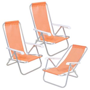Kit 3 Cadeiras de Praia Reclinável 4 Posições Alumínio Lazy Sannet Laranja - 023011 Belfix
