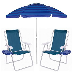 Kit Praia 2 Cadeiras Alta Mesa Portátil + Guarda Sol Premium 2m Bagum Alumínio Azul - Mor