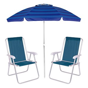 Kit Praia 2 Cadeiras Alta + Guarda Sol Premium 2m Bagum Alumínio Azul - Mor