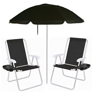 Kit Praia 2 Cadeiras Alta Mesa Portatil + Guarda Sol Premium 2m Bagum Alumínio Preto - Mor