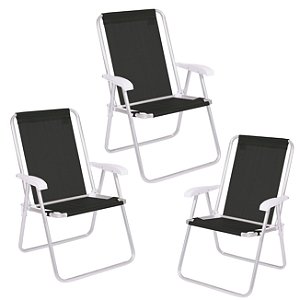 Kit 3 Cadeira Conforto Encosto Alto Alumínio Sannet Praia Piscina Preta - 2181 Mor