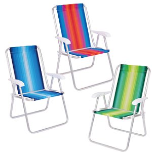 Kit 3 Cadeira Alumínio Encosto Alto Listrada Camping Praia Piscina Cores Sortidas - 2184 Mor