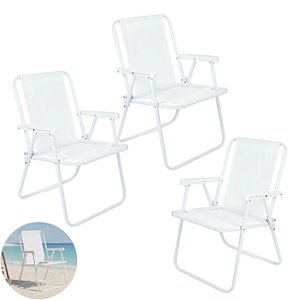 Kit 3 Cadeira de Praia Alta Piscina Jardim Aço Branca 110Kg - 2058 Mor