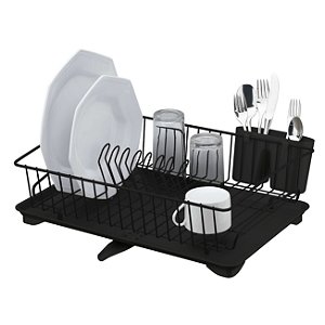 Escorredor de Louça Porta Talheres Prato Copos Com Bandeja Preto Fosco Cozinha - 1547PT Future