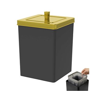 Lixeira Quadrada 6,5 Litros Cesto De Lixo Preto/Dourado Para Banheiro Cozinha - 530PTD Future