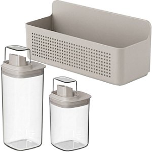 Kit Lavanderia 3pç Organizador + Disepenser 1L e 1,5L Bege - Flow Ou